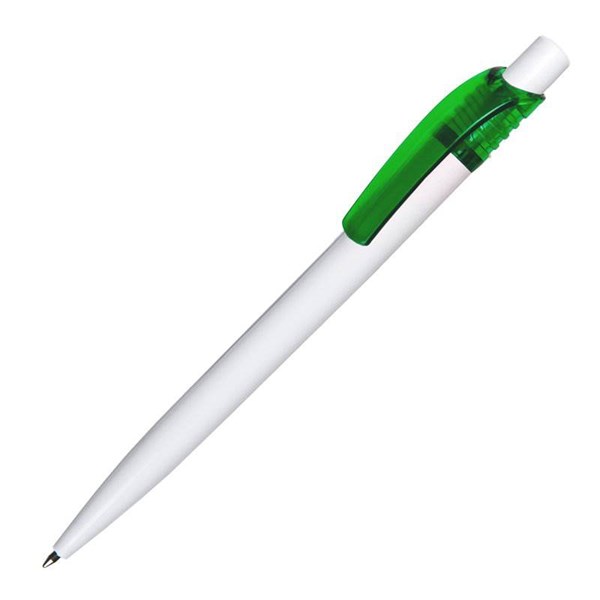 Obrázky: Bílé úzké plast. kuličkové pero, zelený klip