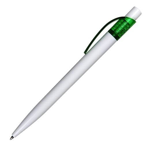 Obrázky: Bílé úzké plast. kuličkové pero, zelený klip, Obrázek 2