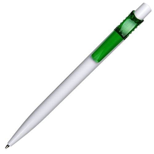 Obrázky: Bílé úzké plast. kuličkové pero, zelený klip, Obrázek 3