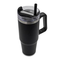 Zobrazit detaily pro Černý nerezový termohrnek 900 ml s uchem a brčkem Obrázky: Černý nerezový termohrnek 900 ml s uchem a brčkem